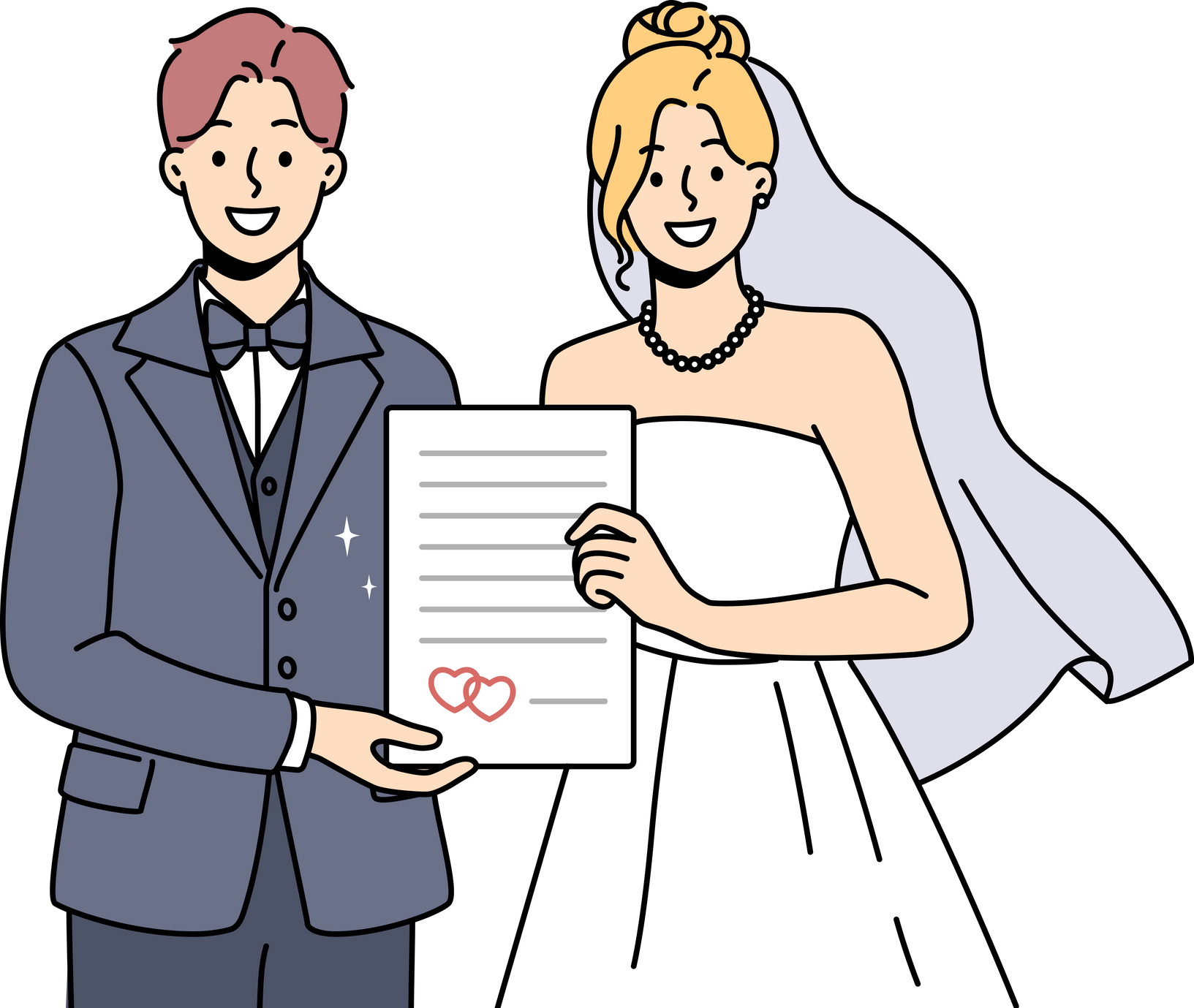 Smiling bride and groom hold marriage certificate