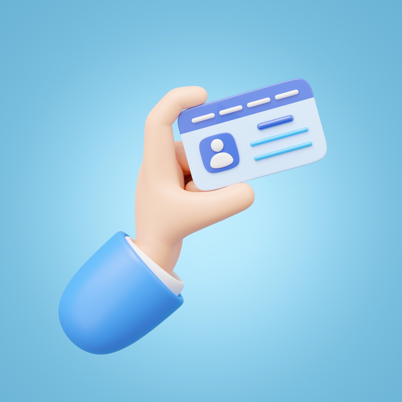 3D Hand Holding Id Card and Floating Isolated on Blue Background